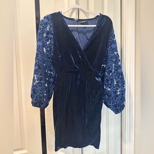 Vici Navy Velvet Dress with Floral Sleeves